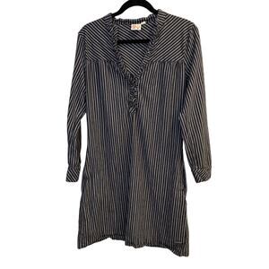 ROXY Striped Navy White Ruffle Neck Long Sleeve Coastal Cowgirl Tunic Dress XL